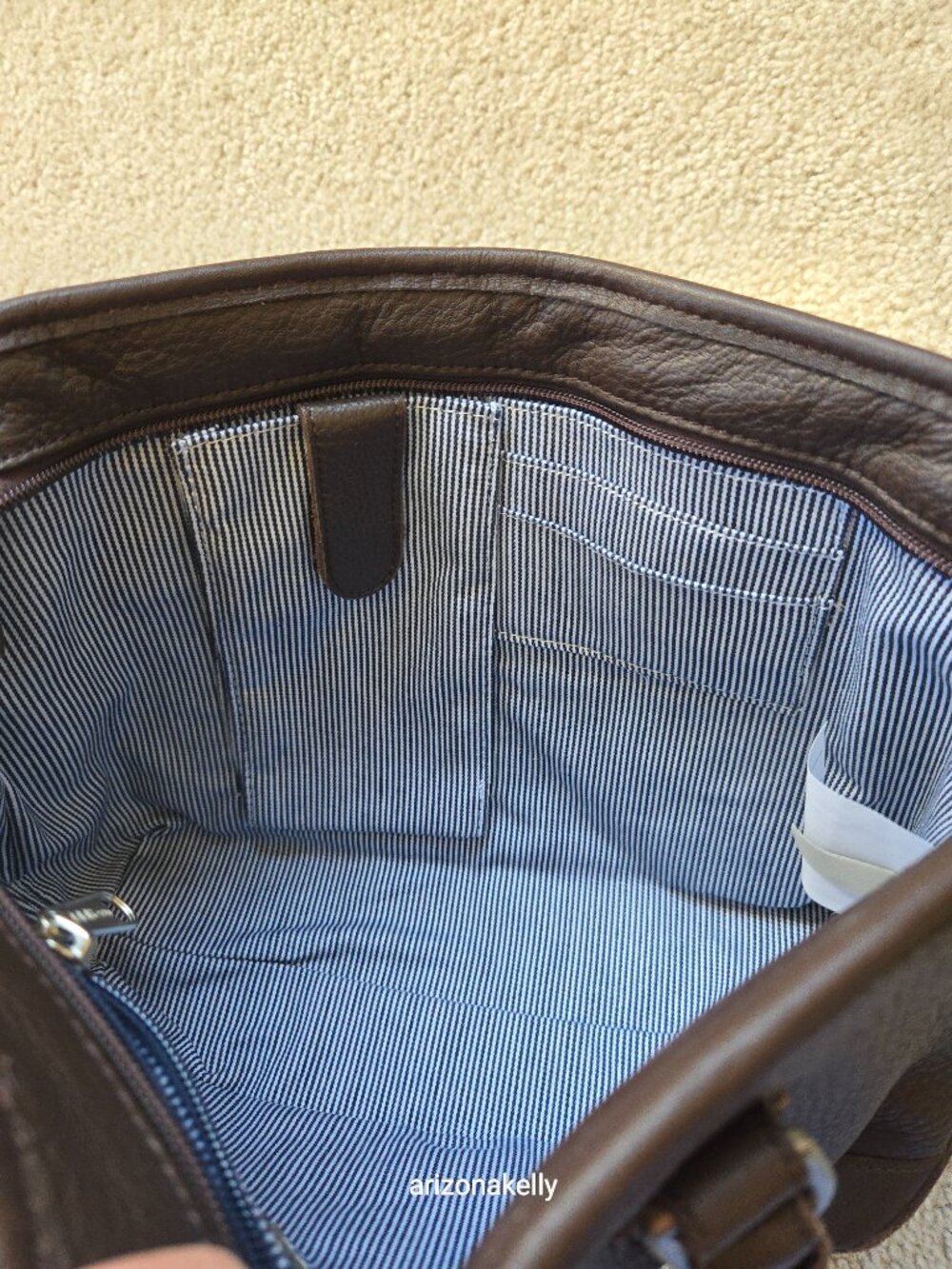 NWOT L.L. Bean Leather Satchel Purse Bag Handbag Brown Pinstripe Lining - Picture 6 of 15